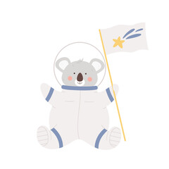 Fototapeta premium Cute koala bear astronaut. Adorable animal exploring space, cosmonaut equipment cartoon vector illustration