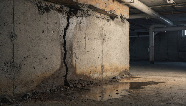 Cracked concrete foundation wall with water damage in a dark, neglected basement, showcasing severe structural issues and urgent need for repair and maintenance