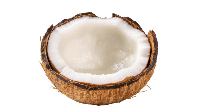 Split brown coconut with white flesh and water inside