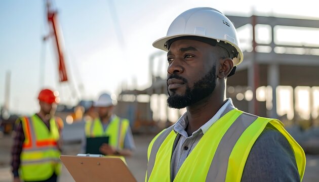 African American male construction worker outdoors.