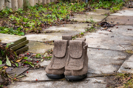 Pair of traditional russian felt boots, valenki, sitting on a concrete path in a garden. Warm winter footwear for cold weather.