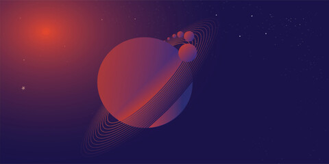 Abstract minimalist space scene. Large purple planet with elegant ring lines and small moons on a dark navy blue background with soft nebula light © Mall11