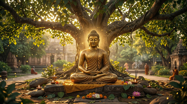 Buddha Meditating, Peaceful golden Buddha sitting under the Bodhi tree, glowing warm light, floating dust, spiritual serenity, photorealistic
