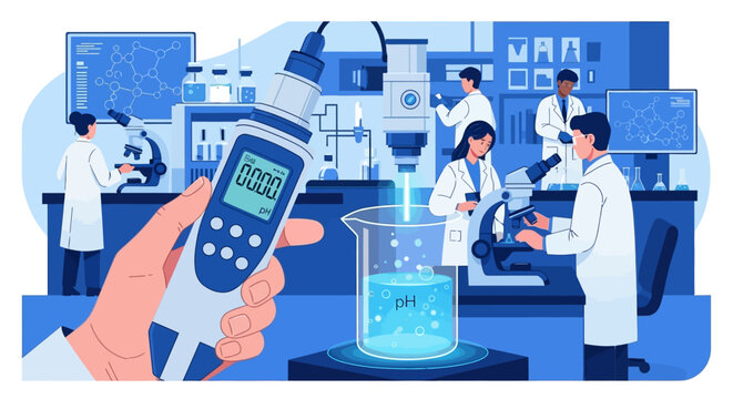 Lab technicians conduct experiments with a pH meter and microscope in a science laboratory setting.