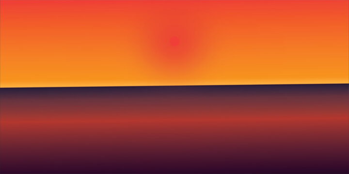 Abstract minimalist sunset background with a vibrant orange sky, a glowing red sun, and a deep purple dark horizon. Modern clean vector design