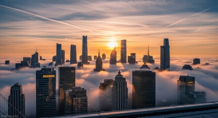 Fototapeta premium City Skyline at Sunrise with Fog.