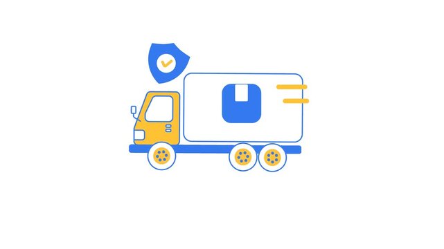 Delivery truck with shield symbolizes safe transport service. Blue and yellow design conveys trust and reliability. Box icon shows secure package delivery