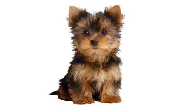 Fluffy brown and black Yorkshire Terrier puppy sitting attentively