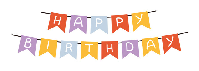 Naklejka premium Happy birthday party colorful garland. Celebration party decorative flags cartoon vector illustration