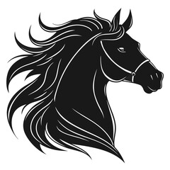 Black horse head, side view. Elegant animal portrait with flowing mane.Vector illustration isolated on white background. © Анна Заиченко