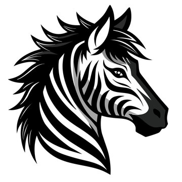 Cartoon African zebra head, side view. Black and white striped animal design. Vector illustration isolated on white background.