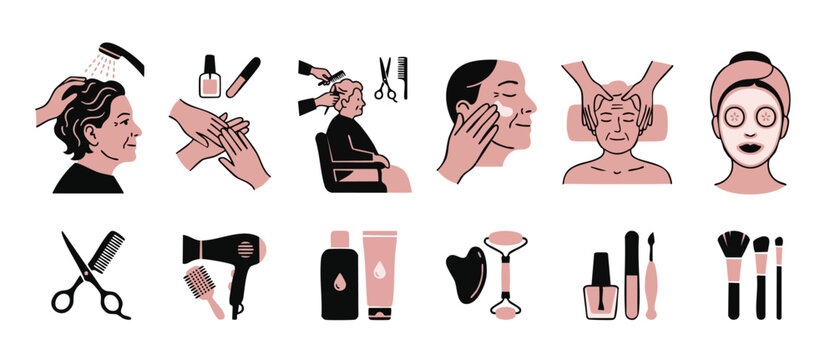 Beauty salon icons set, professional skincare and hair styling procedures for aging women. Flat vector graphic illustrations depicting cosmetic treatments, massage, facial care, and grooming tools col