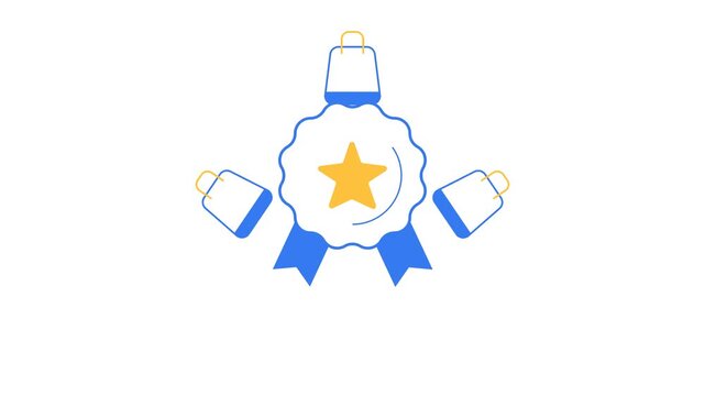 Blue ribbon with golden star. Shopping bags form a circular frame. Simple flat design. Ideal for retail promotion. Celebrate customer satisfaction. Perfect for loyalty programs