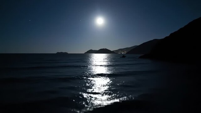 Benidorm Full Moon Reflection Over Calm Sea at Night with Mountain Silhouette Coastal Landscape Scenic Blue Hour View
