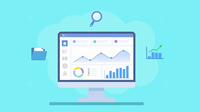 Flat vector animation of a desktop analytics dashboard with charts, search icon, folder, and growth graph. Concept of data exploration, insights, and business performance tracking.