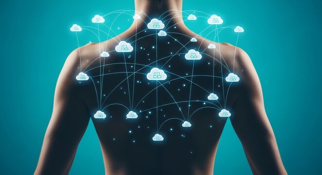 Conceptual image of a human back supporting digital cloud connections, representing workload responsibility, data processing, and distributed computing