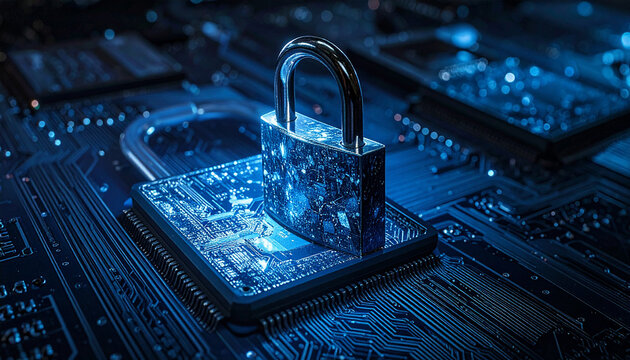 Digital Fortress: A secure digital fortress with a glowing padlock symbolizes cyber security on a techy motherboard, highlighting the importance of data protection and privacy in our digital age.