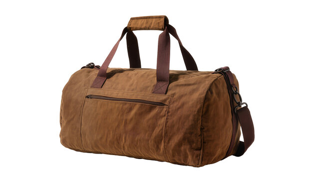 Brown canvas duffel bag with handles and adjustable shoulder strap