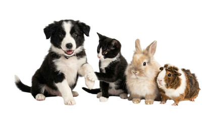 Naklejka premium Cute puppy kitten and rabbit sitting together isolated on transparent background