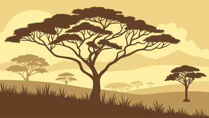 Naklejka premium African acacia trees in savanna landscape at sunset with landscape, silhouette