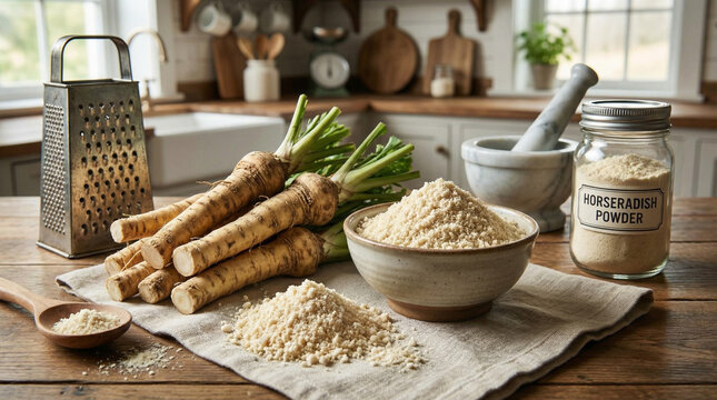 Fresh horseradish roots with grated powder in bowl on rustic wooden table, natural light kitchen scene, healthy ingredient for cooking, detox, nutrition and organic food preparation concept!
