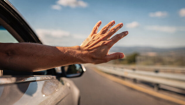 Unrecognized person's hand extended from a car window, feeling the wind on a bright sunny day, conveying freedom and enjoyable travel on an open road