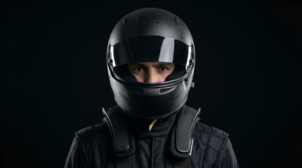 Fototapeta premium portrait of a racing driver in a helmet, formula one racing driver on black background, Banner with copy space, Racer in a helmet.