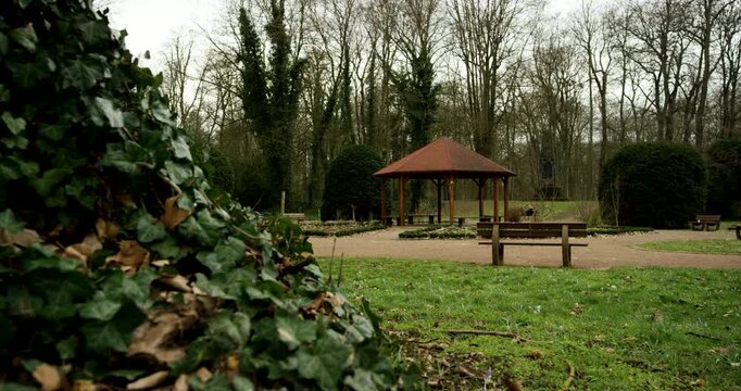 View of a park landscape with a wooden gazebo and benches surrounded by trees and green ivy.