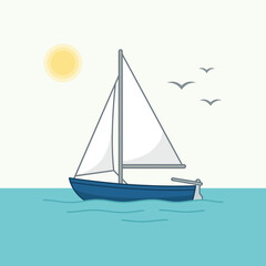 Naklejka premium Minimal Sailboat Illustration on Calm Water with Sun and Birds Simple Seascape