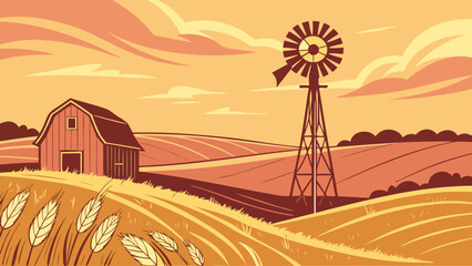 Rustic farm landscape illustration with red barn and vintage windmill © Baby