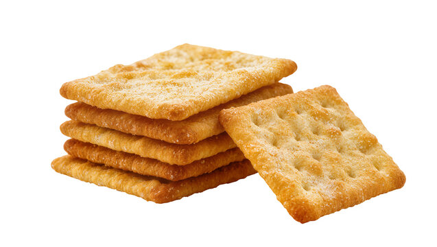 Stacked square crackers with one leaning beside, golden brown and textured