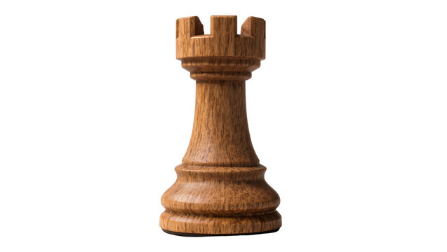 Wooden chess rook with detailed carving and visible grain