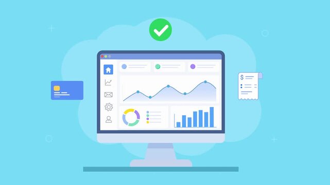 Flat vector animation of a desktop analytics dashboard with charts, check mark, payment card, and document icons. Concept of approval process, reporting, and business data verification.