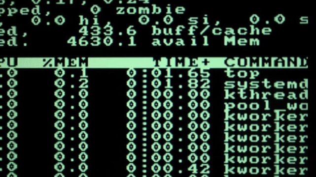 Static close-up of a command line interface displaying system process data. Green monospaced text on black background shows memory usage and execution times for kvm, systemd, and kworker threads