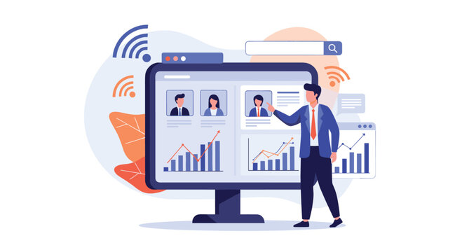 Businessman stands next to a large monitor presenting user profile data and growth charts representing marketing strategy analysis.