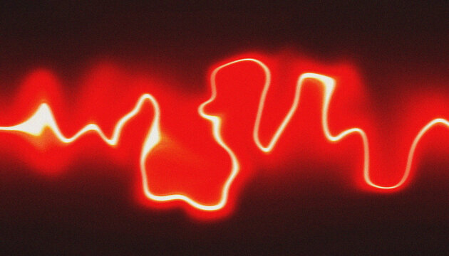 Lightwave frequency display illuminates a dark background with vibrant red glowing energy pulses that create a dynamic visual rhythm suitable for science and technology projects.