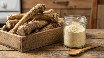 Fresh horseradish roots with grated powder in bowl on rustic wooden table, natural light kitchen scene, healthy ingredient for cooking, detox, nutrition and organic food preparation concept! © Rohan Katwe