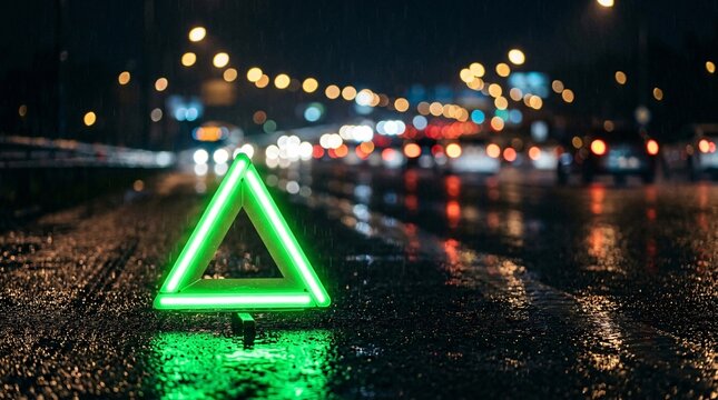 Neon green warning triangle glows intensely on wet midnight asphalt. Blurred headlights create beautiful circular bokeh in the background.