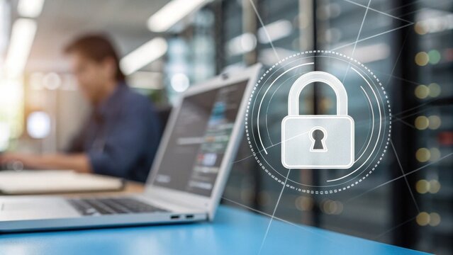 A person works on a laptop with a digital lock icon overlay, symbolizing cybersecurity and data protection in a modern office environment.