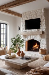 Naklejka premium Cozy Living Room with Stone Fireplace, Television, and Natural Wood Accents