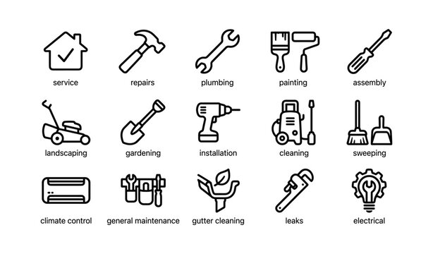 Home maintenance and repair icons for household service categories