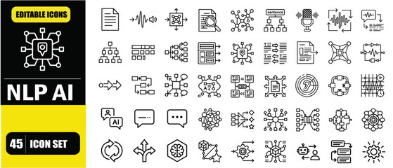 Natural Language Processing AI Icon Set – Text Understanding Systems, Language Analysis, Speech and Text Processing, Machine Learning, Conversational AI and Semantic Interpretation Line Icons – Thin L © Hanzala's vectors 
