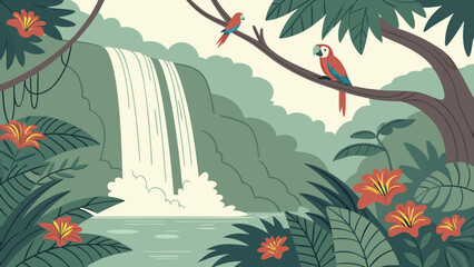 Tropical waterfall scene with macaw parrots and bright red flowers, waterfall © Baby