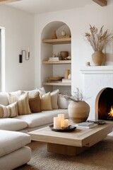 Naklejka premium Modern Boho Living Room with Cozy Fireplace, Neutral Tones, and Textured Accents