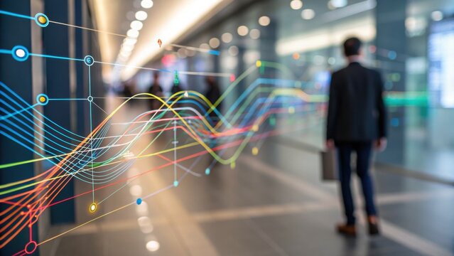 A businessman walks through a modern hallway with colorful digital data visualizations and graphs overlayed, symbolizing technology and business analytics.
