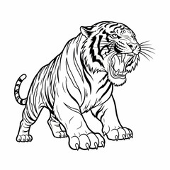 Obraz premium Tiger in an aggressive charging posture displays fierce fangs and sharp claws in this dynamic black and white illustration created for bold graphic applications.