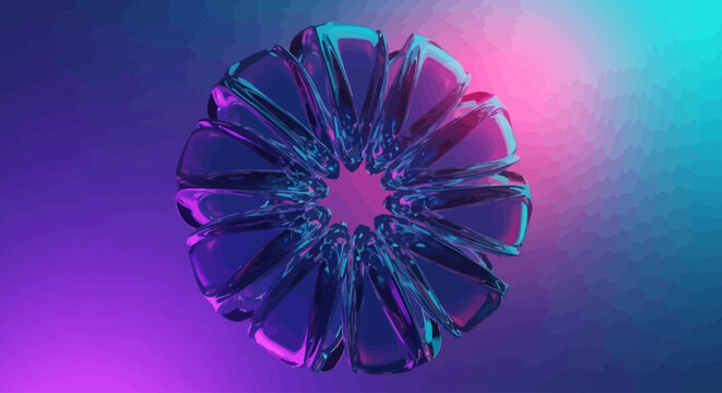 Abstract geometric shape illuminated by vibrant neon lights against a gradient background with a futuristic ambiance