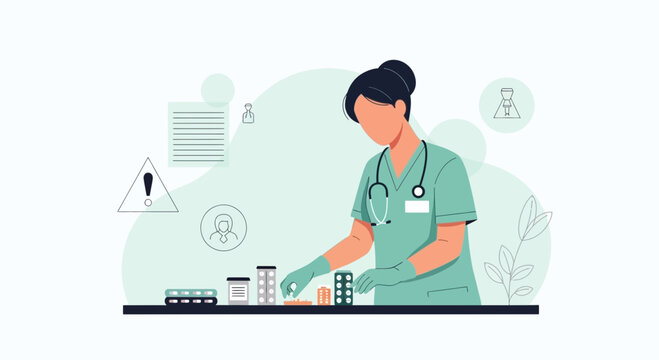 Nurse or pharmacist arranging medication, pills, and capsules on a table with medical icons
