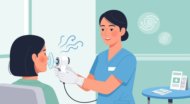 Nurse performs respiratory test on patient with spirometer in clinic