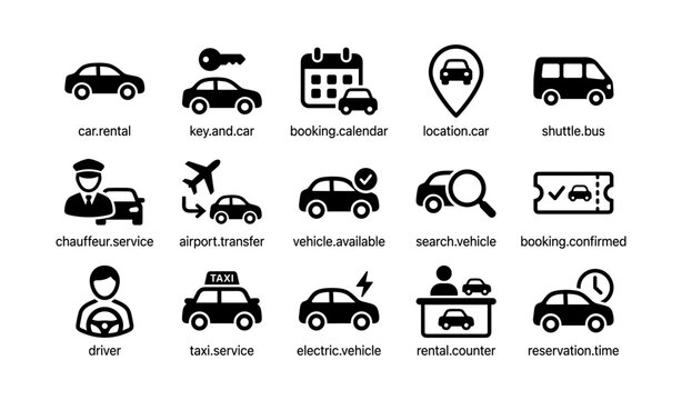 Car rental and transportation icons for booking and vehicle services